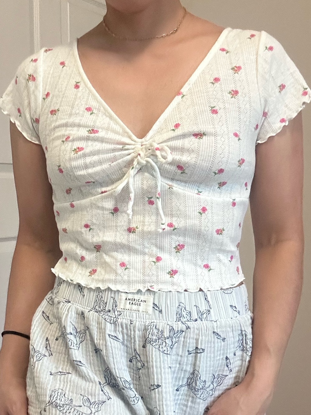 Victoria's Secret White Ribbed Floral Tie-Front Crop Top